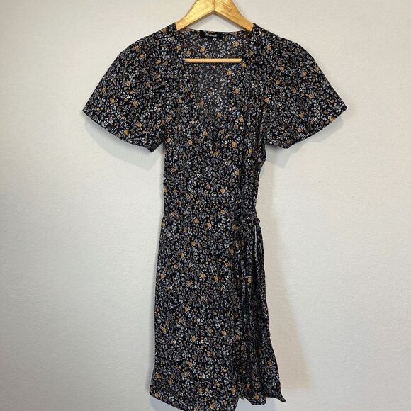 Madewell Floral Short Sleeve Wrap Tie Waist Mini Dress Women's Size Small - Picture 2 of 7